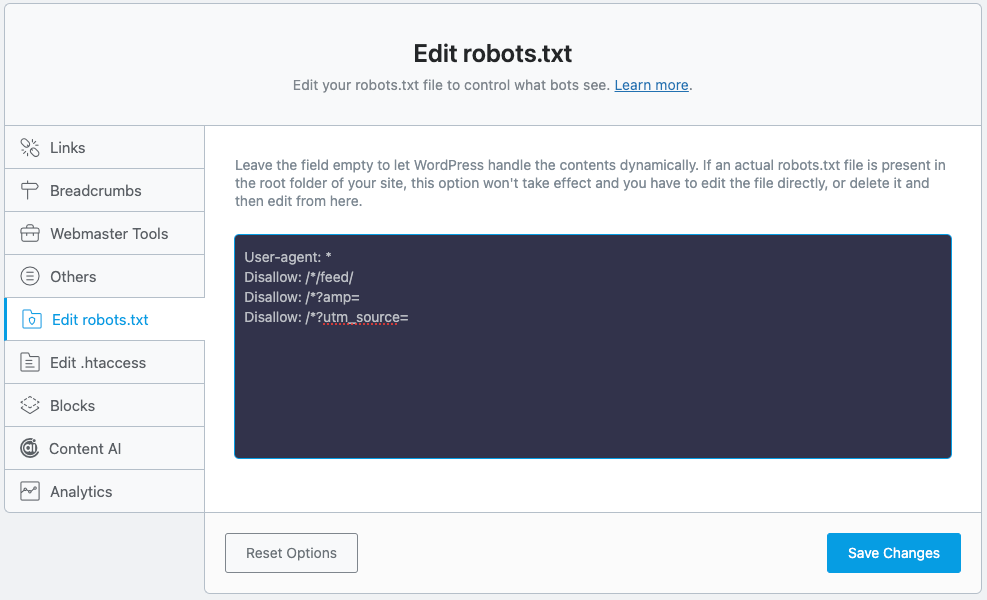 editing robots.txt in RankMath plugin